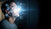 Young businessman with digital data visualization and holographic interface projecting from his head representing artificial intelligence and future technology.