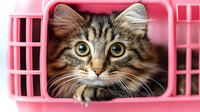 Adorable tabby kitten with bright yellow eyes peering from pink pet carrier, perfect for veterinary care, travel and animal transportation concepts.