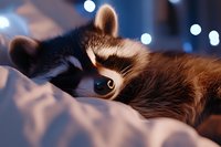 Curious raccoon peeking from soft white bedding with bokeh lights in background creating cozy evening atmosphere. Close up view shows expressive eyes and furry face.