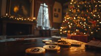 Festive Christmas cookies on wooden table with decorated tree and warm lights in background creating cozy holiday atmosphere in home interior.