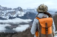 Winter hiker with orange backpack and fur hat enjoying snowy mountain landscape view during cold weather outdoor adventure trek.