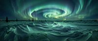Spectacular aurora borealis swirling in dramatic spiral formation over frozen Arctic landscape with snow drifts and distant silhouettes creating magical winter scene.