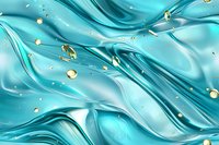 Luxurious turquoise liquid waves with golden droplets creating elegant flowing pattern. Abstract aqua background with metallic elements and smooth silky texture.