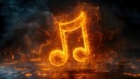 Glowing musical note symbol burning with intense orange flames and smoke against dark background, creating dramatic fiery effect on reflective surface.