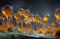Glowing amber slime mold fruiting bodies with translucent spherical caps against dark background, showcasing nature's microscopic beauty.