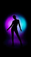 Female dancer silhouette against vibrant purple and blue neon lights on black background for nightclub and entertainment design.