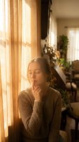 Young woman in cozy sweater making shush gesture by sunny window in warm home interior with golden light streaming through blinds creating peaceful atmosphere.