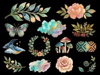 Watercolor botanical clipart set with flowers, butterfly, mushrooms, moon, and leaves, isolated on transparent background. Ready for stickers, t-shirt design, and print on demand.