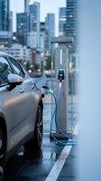 Electric car charging at modern station in urban city environment during evening hours with illuminated skyscrapers in background for sustainable transportation.
