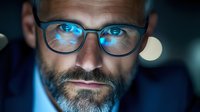 Middle-aged Caucasian businessman with beard wearing glasses reflecting blue computer screen light working late at night in modern office environment.