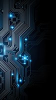 Futuristic circuit board with glowing blue lights and electronic pathways on dark background for technology and digital innovation concepts.