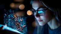 Young woman in glasses looking at glowing digital screen with data visualization and bokeh lights reflecting in lenses, cybersecurity and technology concept.