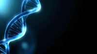 Glowing blue DNA helix structure on dark background with bokeh effect shows genetic research and biotechnology concept for science presentations.