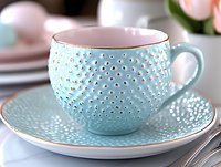 Elegant mint green teacup and saucer with raised polka dot pattern and gold trim, featuring delicate pink interior. Close-up view on light background with soft focus.
