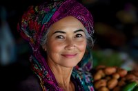 Mature Asian woman wearing colorful floral headscarf smiles warmly at camera, radiating joy and wisdom against dark background with soft natural lighting.
