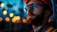 Construction worker with red hard hat and safety glasses looking up at dusk, illuminated by warm bokeh lights against dark blue evening sky. Professional portrait.