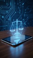 Digital justice scales hologram emerging from tablet screen with glowing circuit board background for legal technology and cyber law applications.