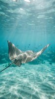 Spotted stingray gliding gracefully through crystal clear turquoise waters with sunlight filtering from above creating magical underwater scene.
