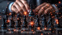 Dark chess pieces on board with glowing orange particles and magical light effects creating dramatic atmosphere for strategy and competition concepts.