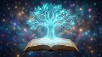 Glowing tree of knowledge emerging from open book with bokeh lights, representing learning, wisdom, education, and intellectual growth in magical atmosphere.