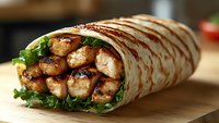Grilled chicken wrap with fresh greens on wooden cutting board, showcasing juicy meat pieces and crisp vegetables for food menu photography.