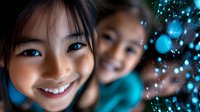 Young Asian girl smiling at camera with blurred child in background near decorated Christmas tree with blue ornaments and twinkling lights during holiday season.