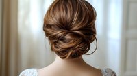 Elegant low bun hairstyle with soft twisted layers and romantic details shown from behind, featuring brunette hair styled for special occasions and weddings.