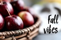 Fresh red apples in wicker basket with fall vibes text for autumn harvest season marketing and seasonal produce advertising campaigns.