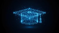 Glowing digital graduation cap made of connected blue dots and lines on dark background, representing online education, e-learning, and digital knowledge.