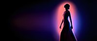 Woman silhouette standing in dramatic neon lighting with purple and pink glow effects on dark background for modern design projects.