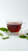 Clear glass teacup with dark tea and fresh green leaves on white background for beverage and wellness concepts.