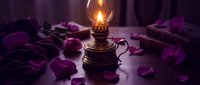 Vintage oil lamp glowing warmly surrounded by scattered purple rose petals creating romantic atmospheric mood for spa relaxation or intimate evening setting.