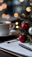 Festive business workspace with red and silver Christmas ornaments, document, coffee cup, and pine branches against soft bokeh lights background.