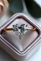 Heart-shaped diamond solitaire engagement ring in rose gold setting, nestled in gray velvet ring box, showcasing brilliant cut and clarity.