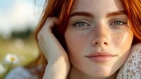 Young woman with natural freckles, red hair and green eyes in soft sunlight, wearing white lace. Close up portrait showing natural beauty and gentle smile.