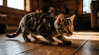 Tabby kitten crouching in hunting pose on rustic wooden floor, warm sunlight streaming through window in cozy cabin interior.