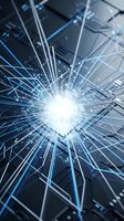 Abstract digital explosion with bright white center and blue light rays radiating outward through geometric network structure for technology concepts.