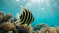 Striped tropical fish swimming near coral reef in clear turquoise ocean water, suitable for marine life, travel, and nature content.