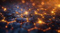 Abstract digital landscape with glowing orange particles and hexagonal network structure against dark blue background creating futuristic technology concept.