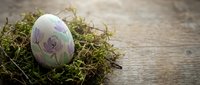 Hand-painted Easter egg with delicate purple rose design nestled in natural moss on rustic wooden background for spring holiday decorations.