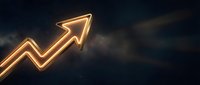 Golden neon arrow pointing upward showing growth trend and success on dark background for business presentations and financial reports.
