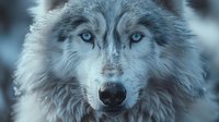 Close up portrait of arctic wolf with piercing blue eyes and thick white fur against blurred winter background, dramatic wildlife photography in cool tones.
