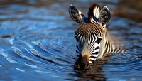 Close up portrait of zebra swimming in blue water, head above surface creating ripples. African wildlife captured during migration or river crossing.