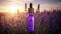 Purple glass dropper bottle with lavender essential oil in blooming lavender field at golden sunset for aromatherapy and natural wellness products.