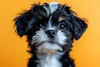 Adorable black and white Shih Tzu puppy portrait with bright blue eyes against vibrant orange background, looking directly at camera with expressive face.