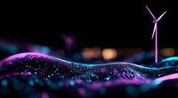 Futuristic digital wave pattern with glowing particles and wind turbine silhouette against dark background, purple and blue neon colors create modern tech aesthetic.