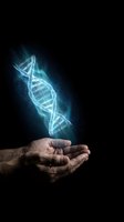 Glowing DNA double helix floating above cupped hands on black background representing genetic research, biotechnology and medical science innovation.