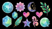 Watercolor celestial and botanical elements isolated on transparent background, ready for t-shirt design, clipart, stickers, sublimation, and print-on-demand projects.