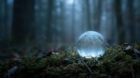 Mystical crystal ball glowing on moss-covered forest floor in dark woodland setting with ethereal blue light filtering through trees creating magical atmosphere.