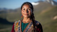 Young Asian woman in traditional embroidered dress smiling at camera against mountain landscape background during golden hour lighting, showcasing cultural heritage and natural scenery.